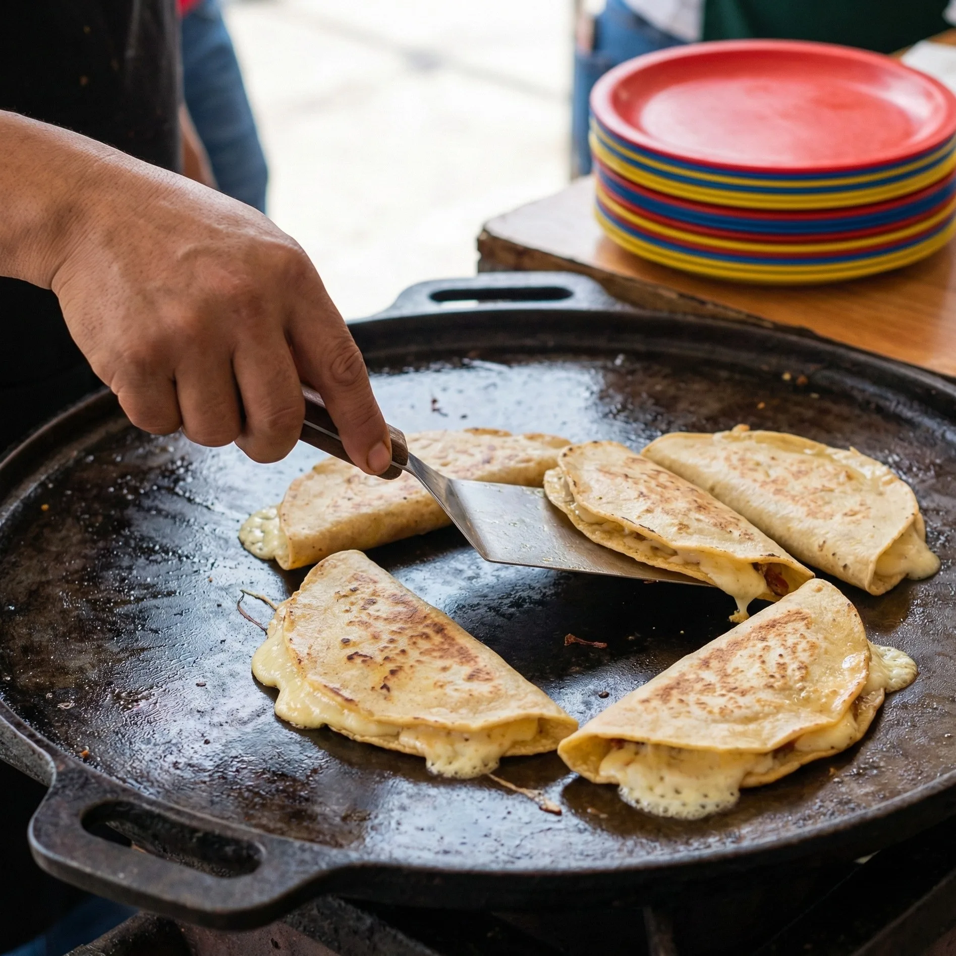 Quesadillas dorées sur une plaque en fonte dans un stand de rue