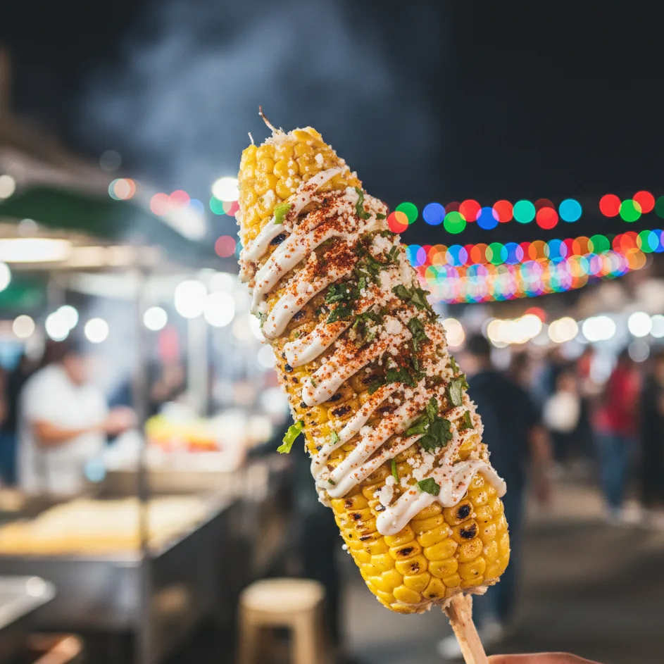 Elote, maïs grillé sur bâton, nappé de sauce et fromage sur un marché nocturne