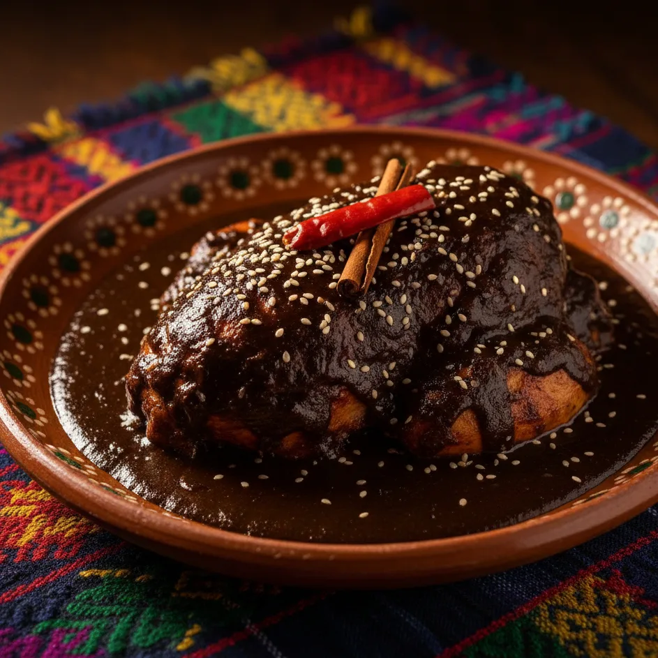 Assiette de mole poblano avec poulet et graines de sésame