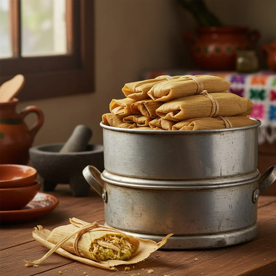 Tamales enveloppés dans leurs feuilles de maïs sur un plat