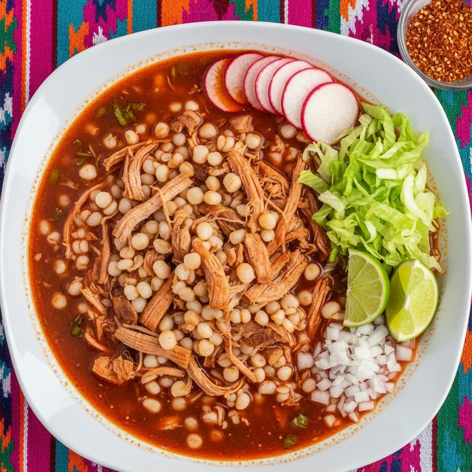 Bol de pozole rojo avec radis, salade et citron vert