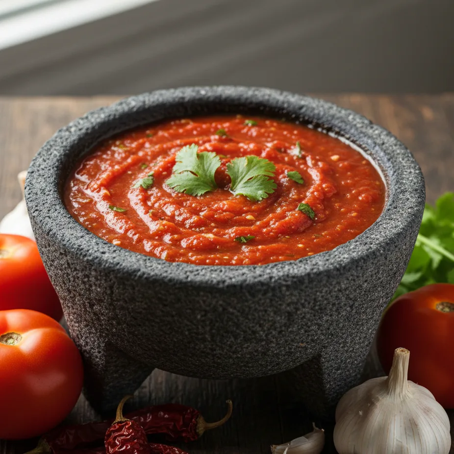 Bol de salsa roja maison avec tomates et piments