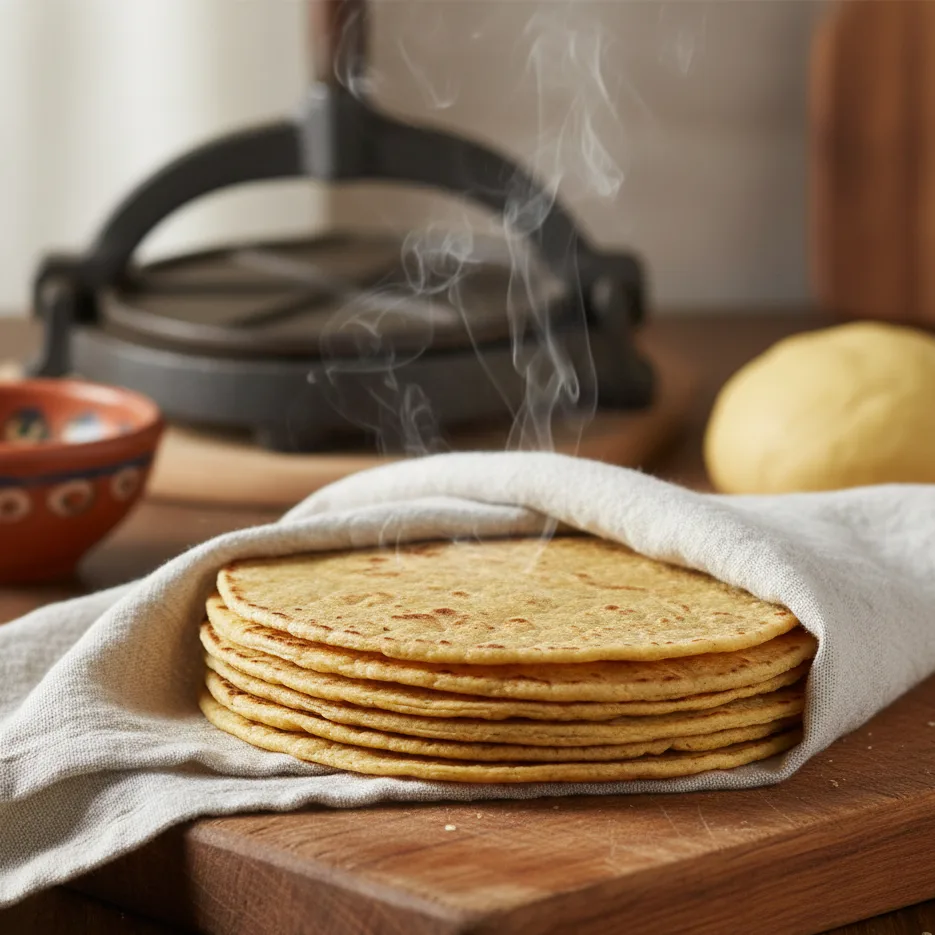 Pile de tortillas de maïs faites maison sur un linge