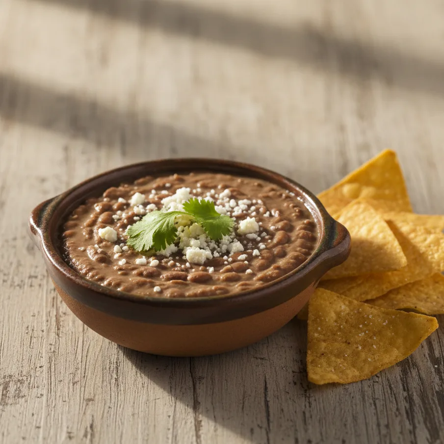 Bol de frijoles refritos avec fromage frais émietté