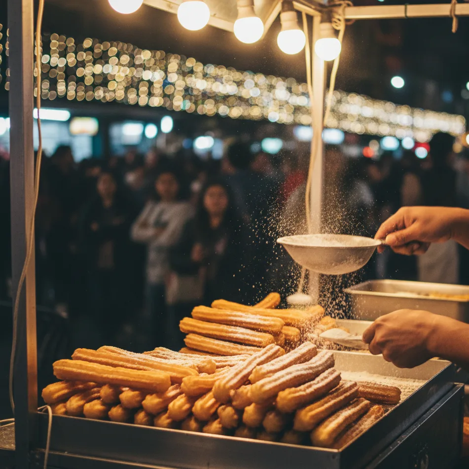 Stand de churros à Mexico, churros dorés saupoudrés de sucre