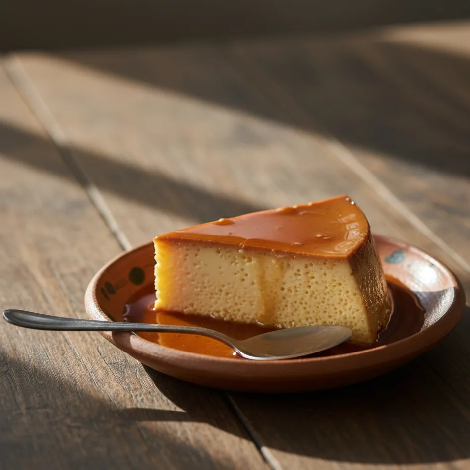 Part de flan napolitano au caramel sur une assiette en céramique