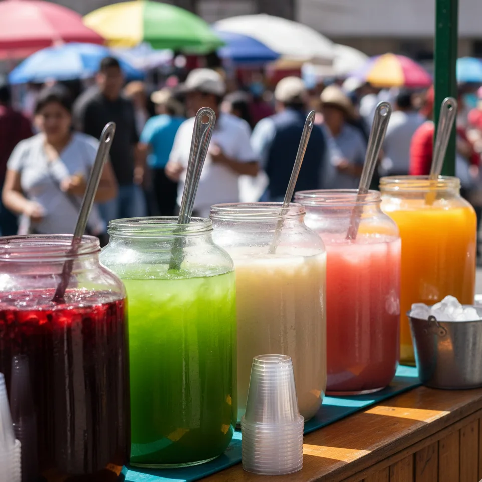 Bonbonnes d’aguas frescas colorées sur un marché mexicain