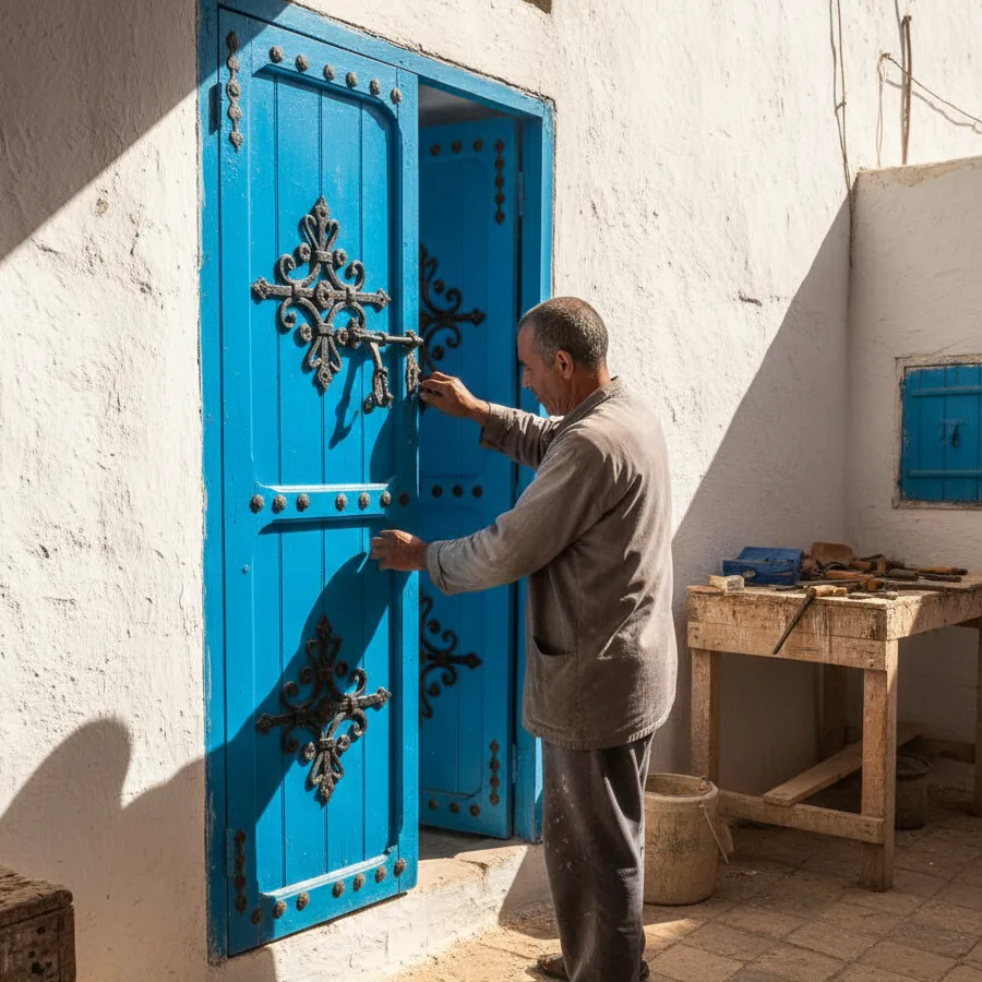 Porte bleue et ferronnerie