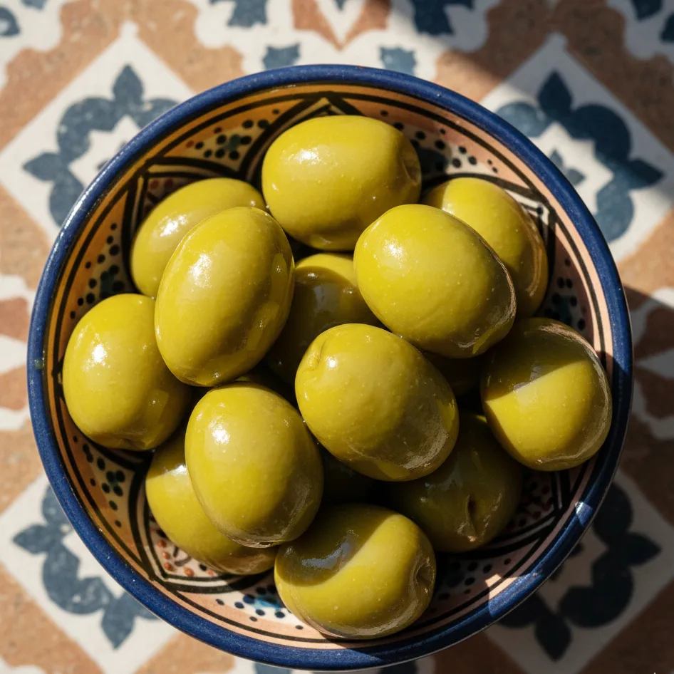 Olives vertes dans un petit bol en céramique marocaine