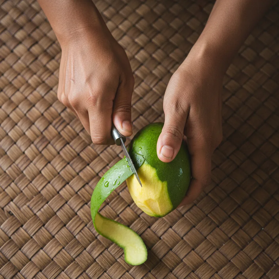 Mains féminines épluchant une mangue verte