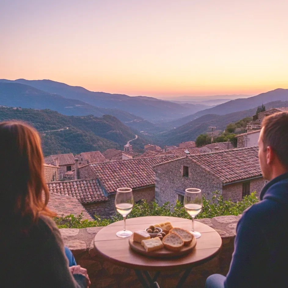 Terrasse panoramique coucher de soleil Pigna Corse