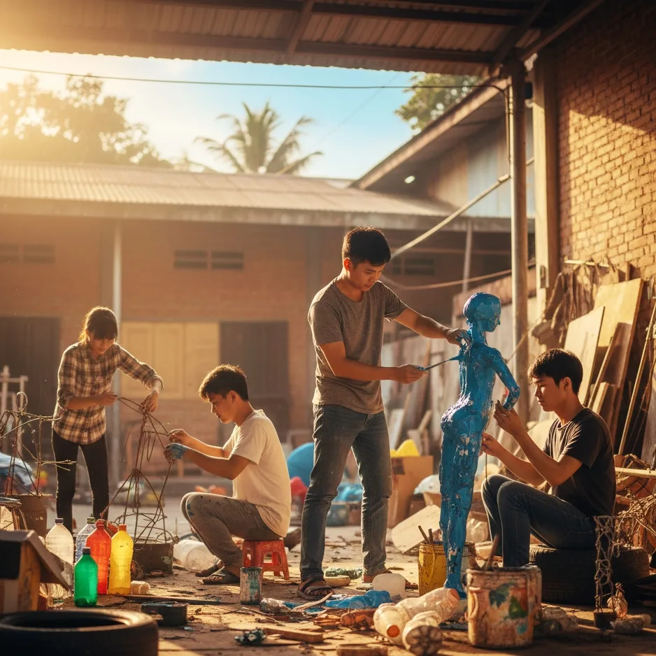 Jeunes artistes recyclant des matériaux